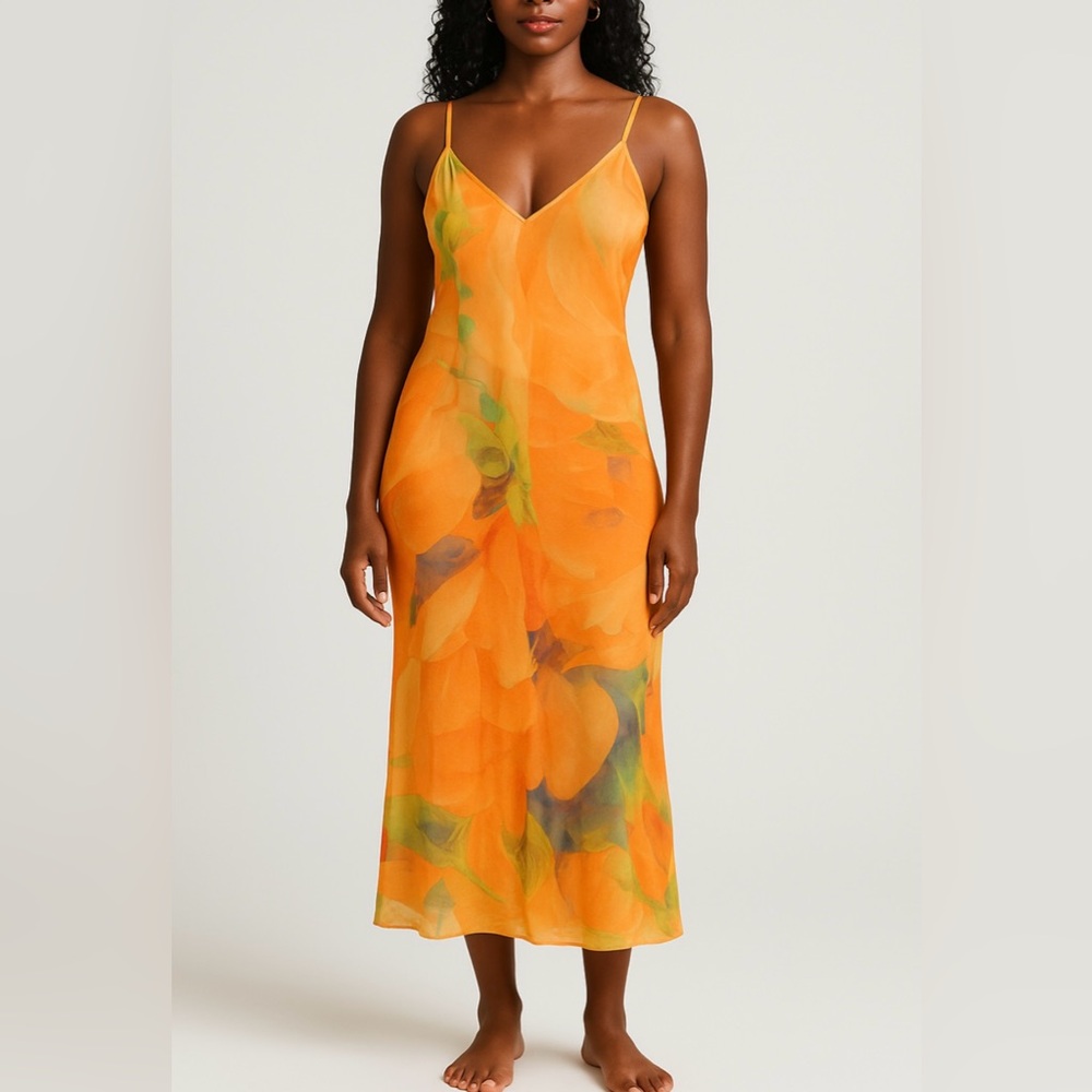 Orange Floral Silk Dress